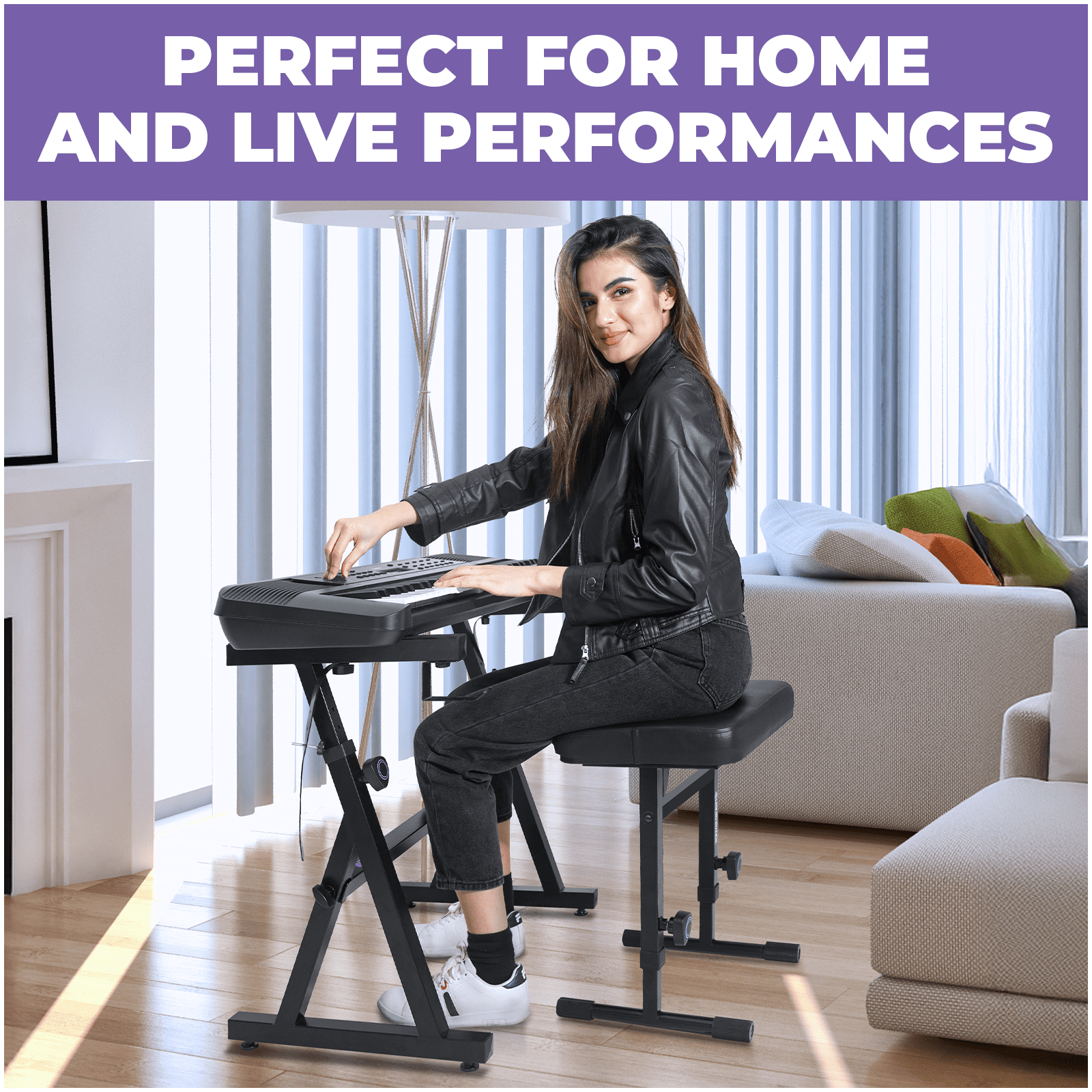 Liquid Stands Piano Keyboard Stand and Bench Set - Portable Heavy Duty Digital Piano Stand for 54-88 Key Electric Pianos & Adjustable Piano Bench, Chair, Stool - Sturdy Keyboard Music Stand and Seat