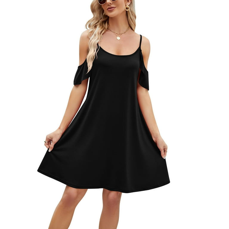 JWZUY Women s Summer Casual Spaghetti Strap Sundress Dress Cold Shoulder Ruffle Sleeves Dresses Mini Sundress Black M Walmart