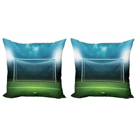 Soccer Throw Pillow Cushion Cover Pack of 2, Soccer Goal Post Sports Area Winner Loser Line Floodlit Best Team Finals Game Theme, Zippered Double-Side Digital Print, 4 Sizes, Green Blue, by