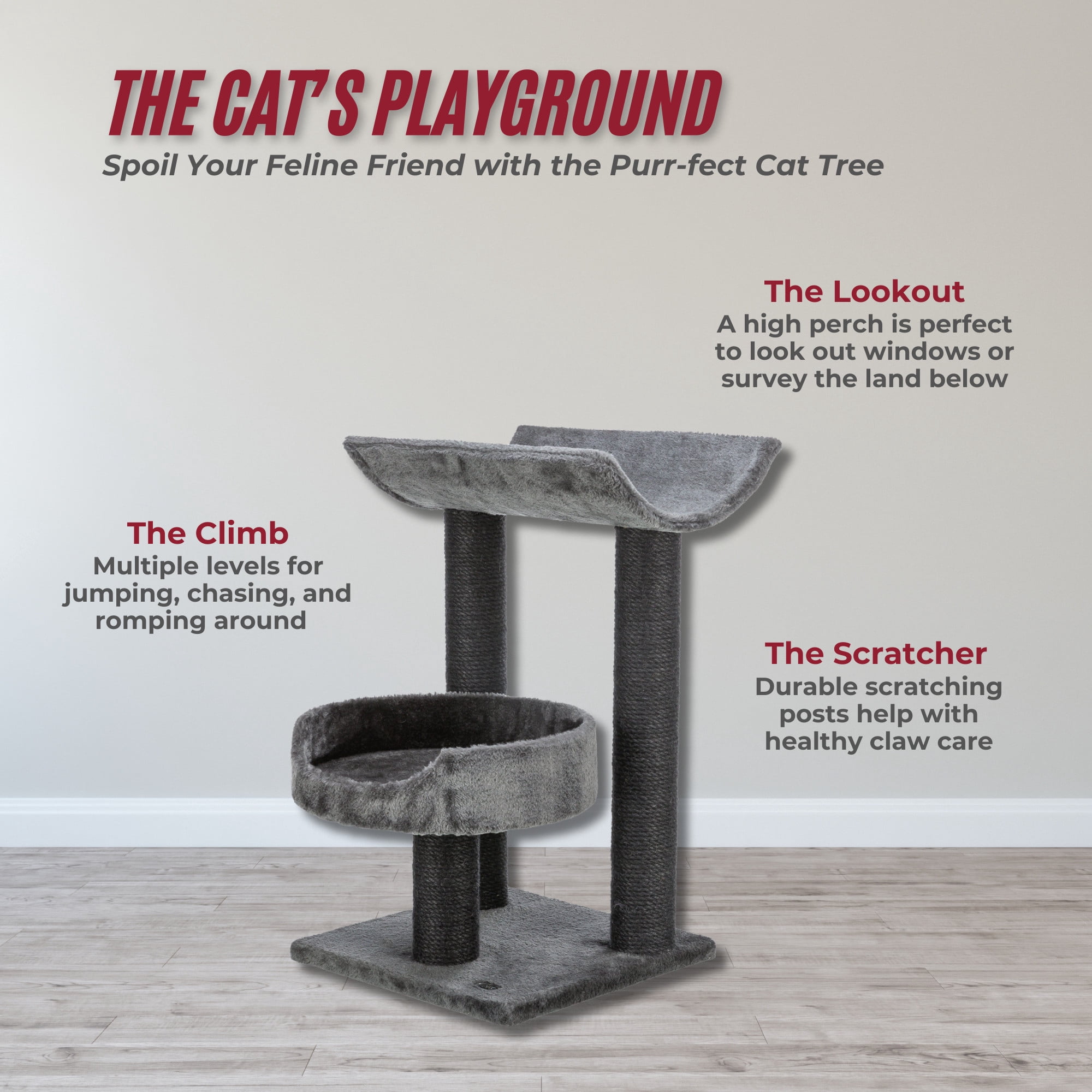 TRIXIE Isaba Plush 2-Level 24.4" Cat Tree with Sisal Scratching Posts, 2 Perch, Black/Gray