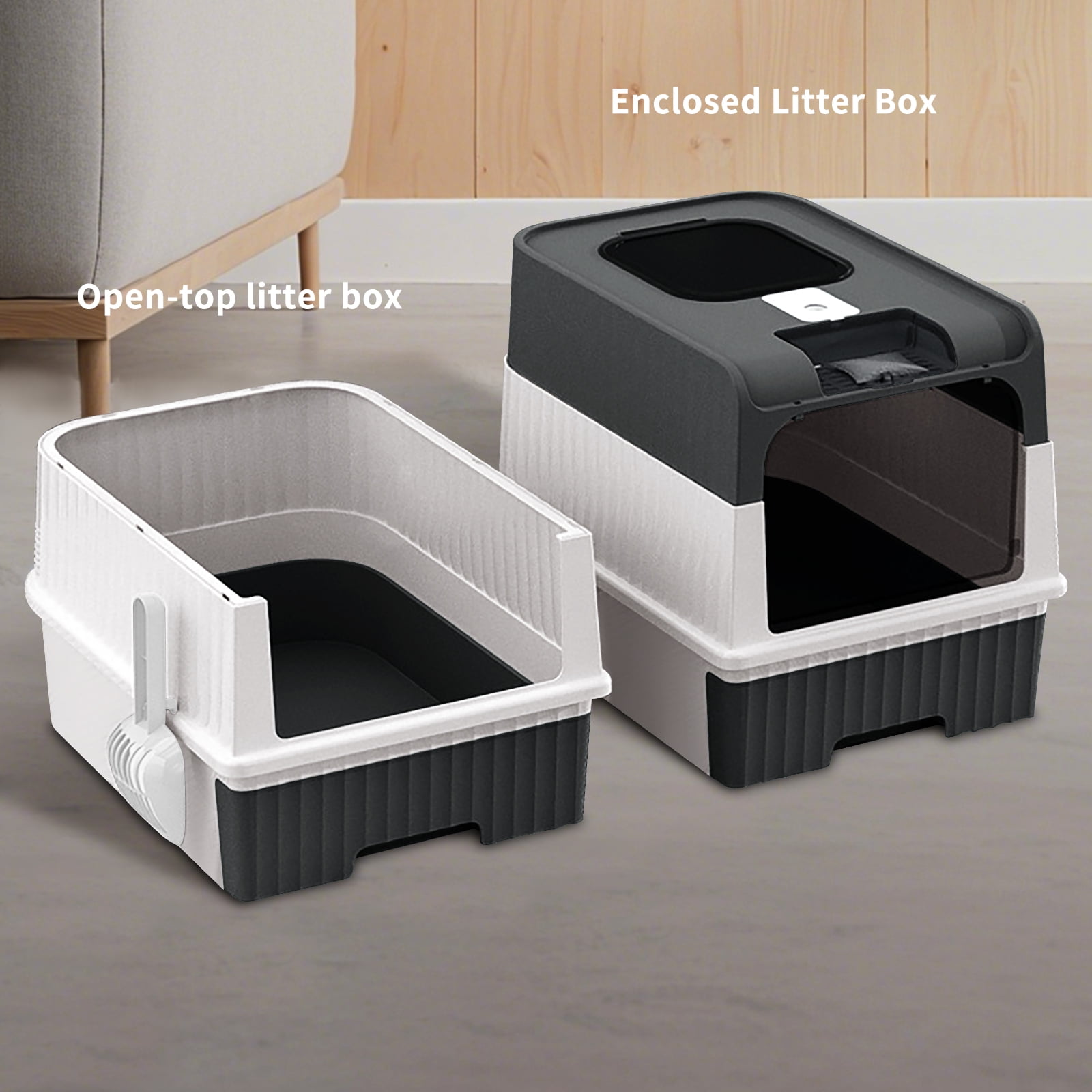Cat Litter Box, Enclosed Removable Litter Boxs for Big Cats, Front Entry Top Exit Kitty Box Odor Control (Black)
