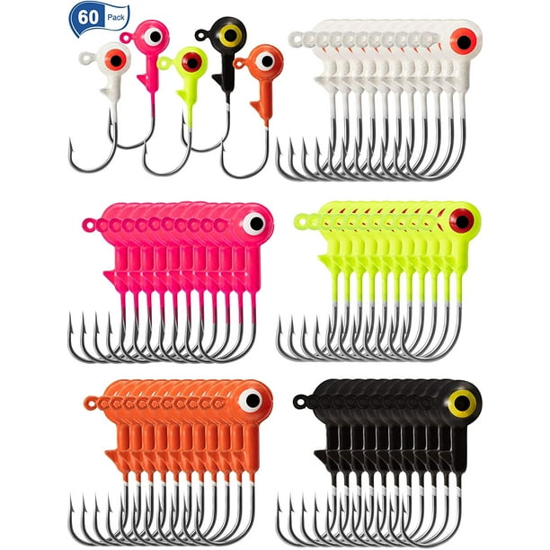 60 Pieces Fishing Lures Jig Heads Ball Head Fishing Hooks Round Lead Ball  Head Jigs with Double Eyes for Freshwater or Saltwater (1/4 oz)