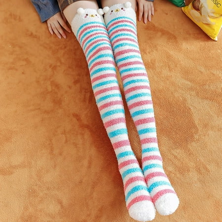 

MRULIC socks for women Womwn Coral Fleece Socks Over The Knee Thicken Warm Sleeping Towel Striped Socks Pink + One size