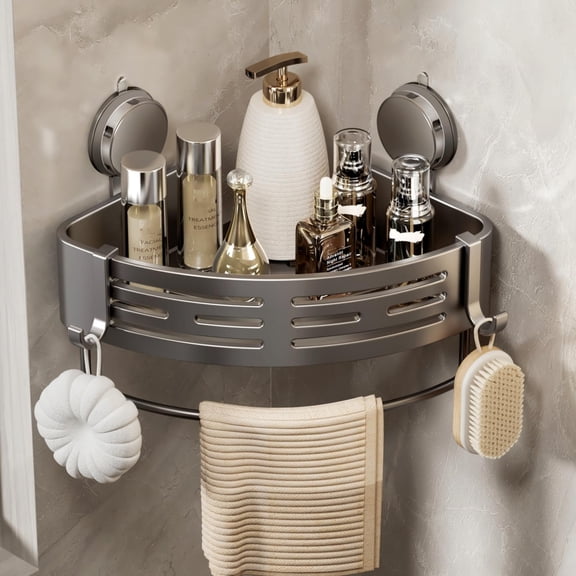 No-Drill Bathroom Corner Shelf Suction Cup Shower Organizer with Towel Bar and Hooks, Durable Corner Shower Shelves Suction Cup for Shampoo Storage in Bathroom Shower