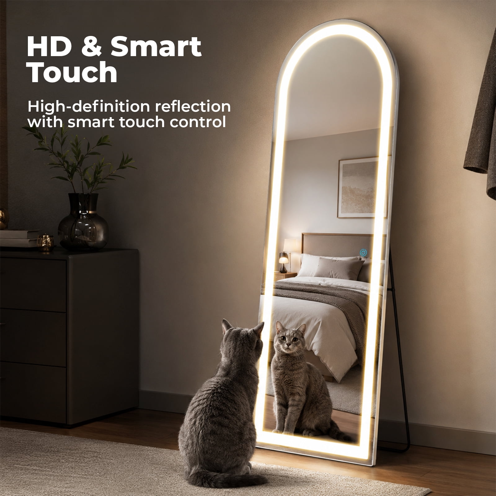 Alvantor Full Length Mirror with LED Lights, 16x60"-26x71" Lighted Full Body Floor Mirror with Dimming & 3 Color Lighting, Stand for Bedroom, Dressing Room, Rect/Arched