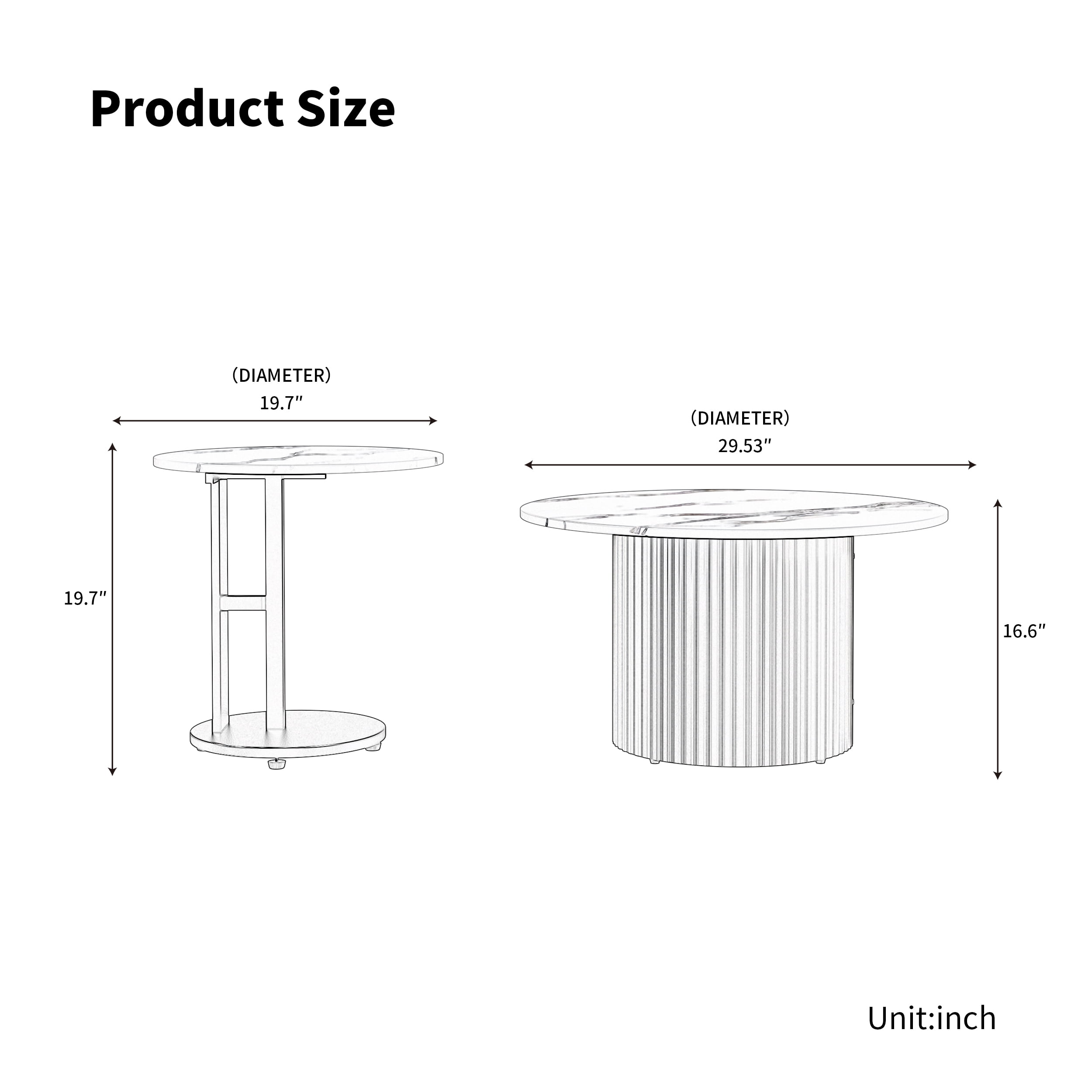 Coffee Table Set of 3, Modern Nesting Tables with Faux Marble Top and Metal Legs, Round Ribbed Design for Living Room, Small Space
