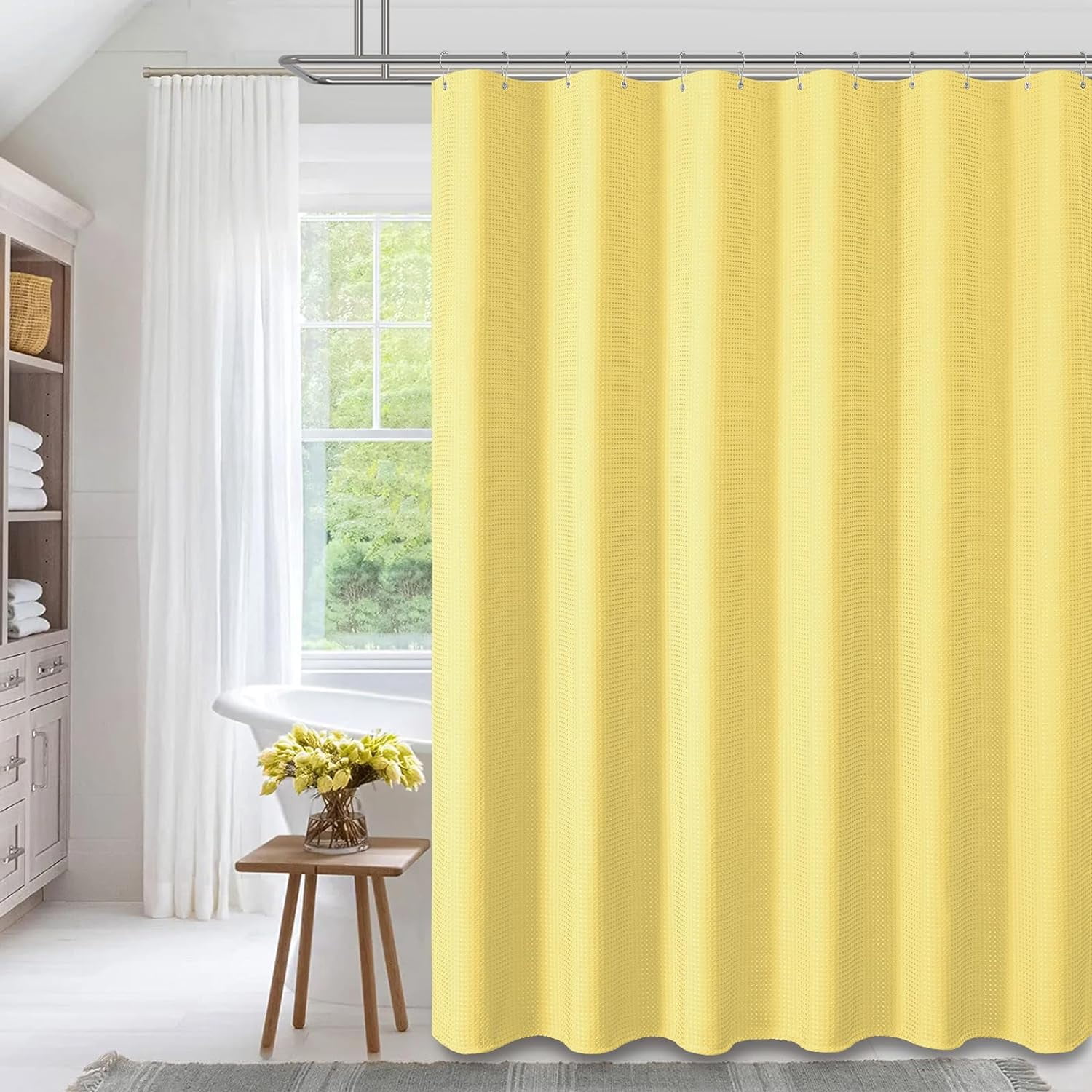 CAILDANL Green Shower Curtain - Waffle Textured Heavy Duty Thick Fabric Shower Curtains for Bathroom, 256GSM Luxury Weighted Polyester Cloth Bath Curtain Set with 12 Plastic Hooks，72Wx72H,Green