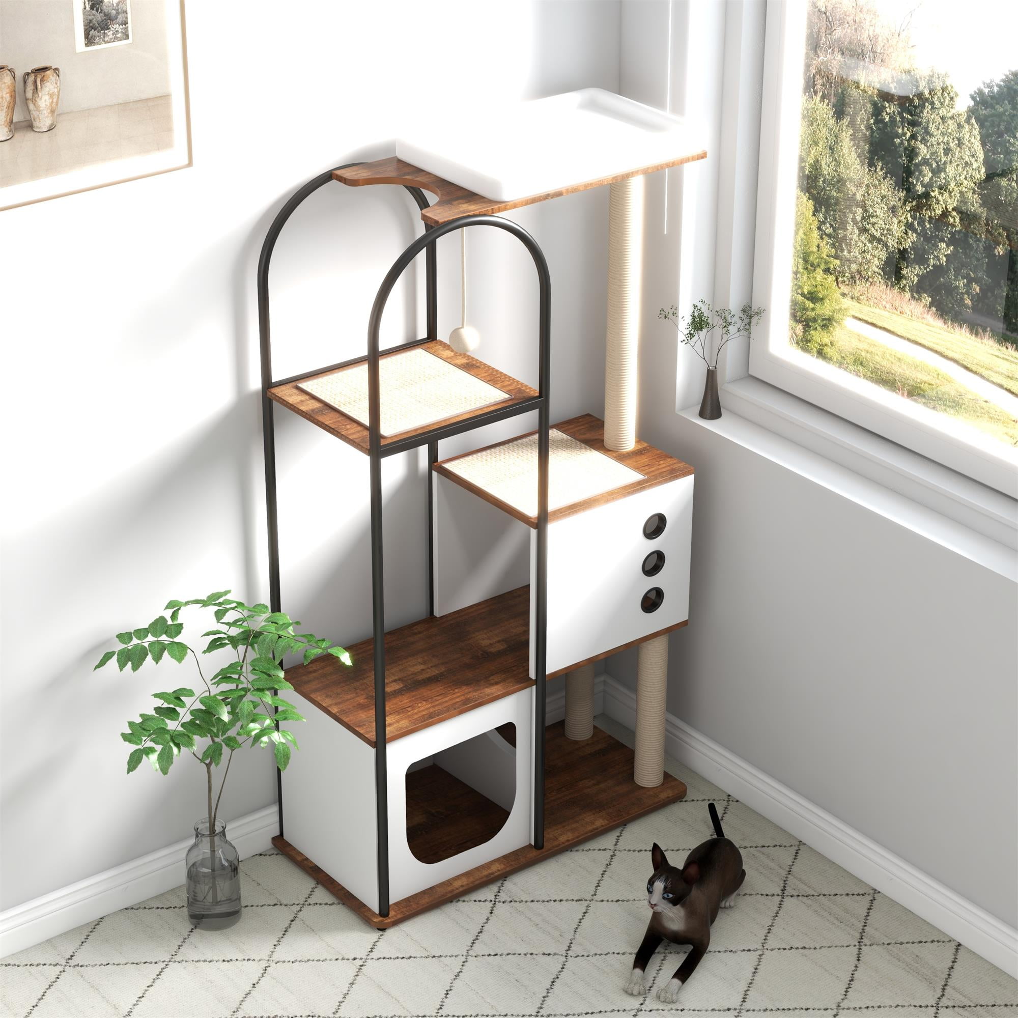 Pefilos 60" Wood Cat Condo for Adult Cats, Cat Tree Tower with Scratcher Post, Climb Cat Tree House for Indoor Cats, White Pefilos 60" Wood Cat Condo for Adult Cats, Cat Tree Tower with Scratcher Post, Climb Cat Tree House for Indoor Cats, White