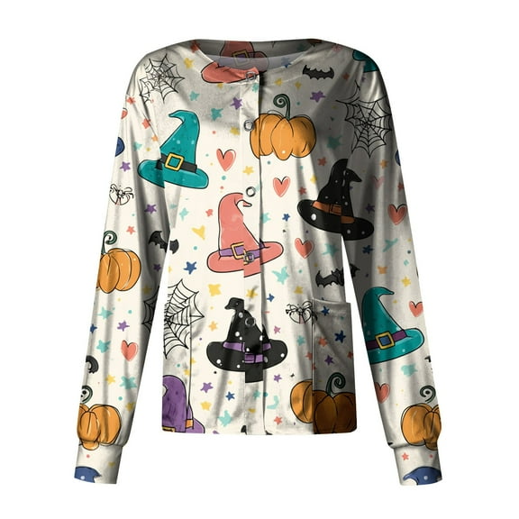 WTOBBY Women's Casual Long Sleeve Single Breasted Halloween Printed Nurse Uniform Top for Workwear - Comfortable Medical Apparel with Button Front Closure and Daily Use,Beige L