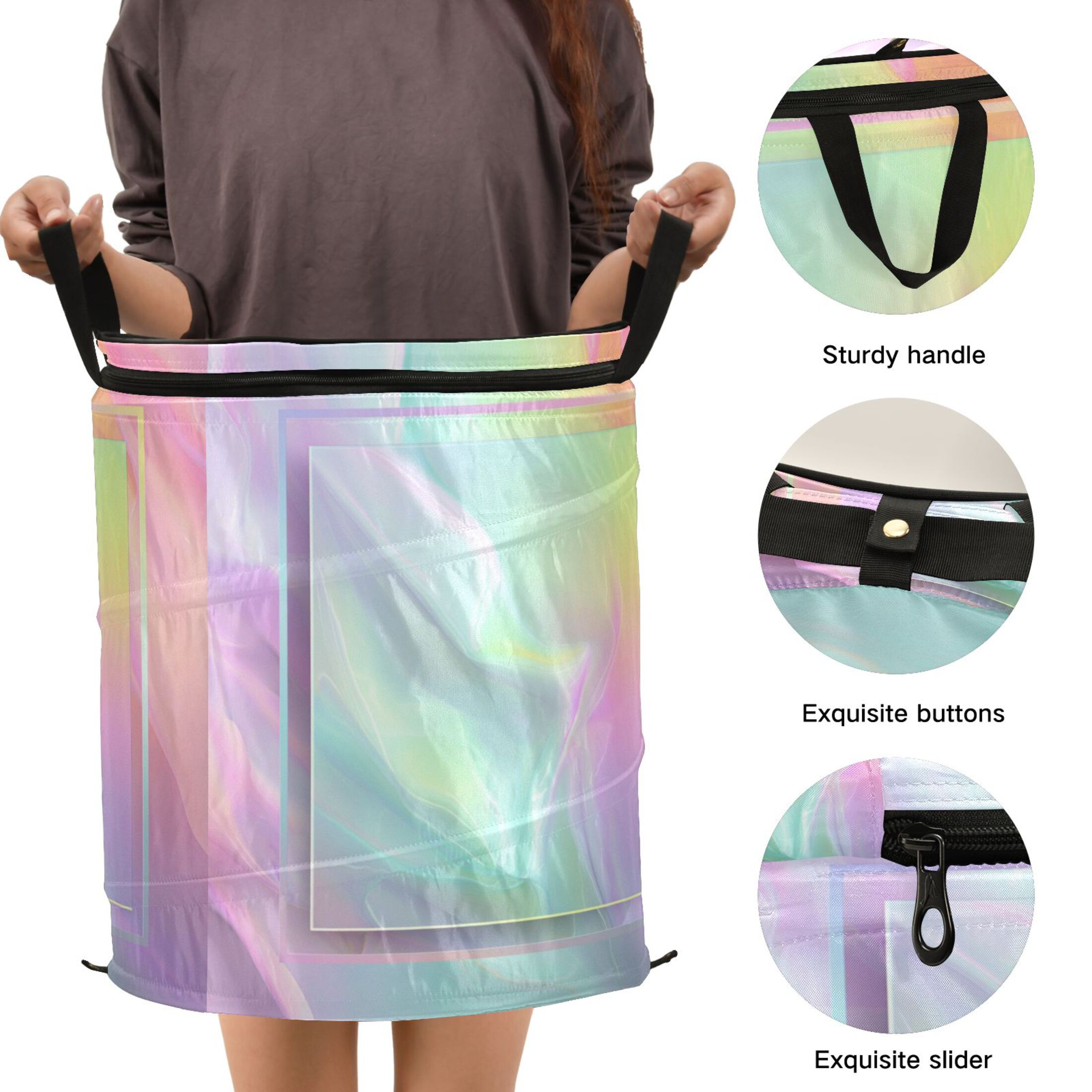 50L Extra Large Popup Hamper Collapsible Laundry Basket With Zippered Lid 15.7x18.5in Holographic Gradient Pastel