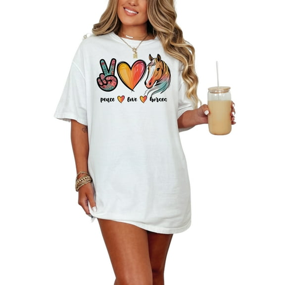 Peace Love Horses Graphic Tee, Colorful Horse Lover T-Shirt, Trendy Equestrian Design, Peace Sign Heart Horse Art Shirt, White Comfort Colors T-Shirt, Small