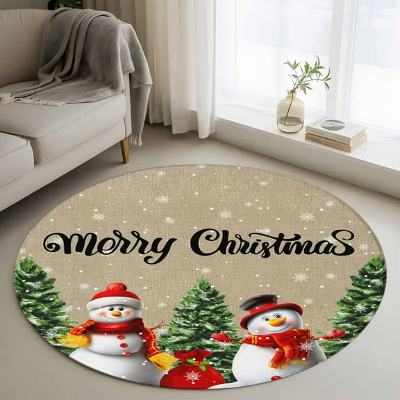 Christmas Snowman Round Rug 3ft Washable Circle Entryway Rugs Non Slip Brown Winter Snowflake Xmas Pine Tree Area Rug Indoor Floor Carpet for Bedroom Kitchen Living Room Office Dining Room Nursery