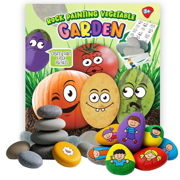 DIY Rock Painting Kit for Kids Ages 5 –– 4 Ready-to-Paint Garden Stones, Non-Toxic Paints – Fun Veggie Face Craft Gift for Boys & Girls
