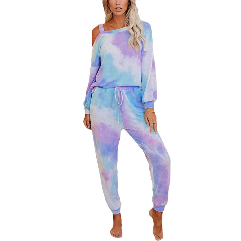 Sexy Dance Women 2PCS Pajamas Set Tie Dye Cold Shoulder Tshirt and