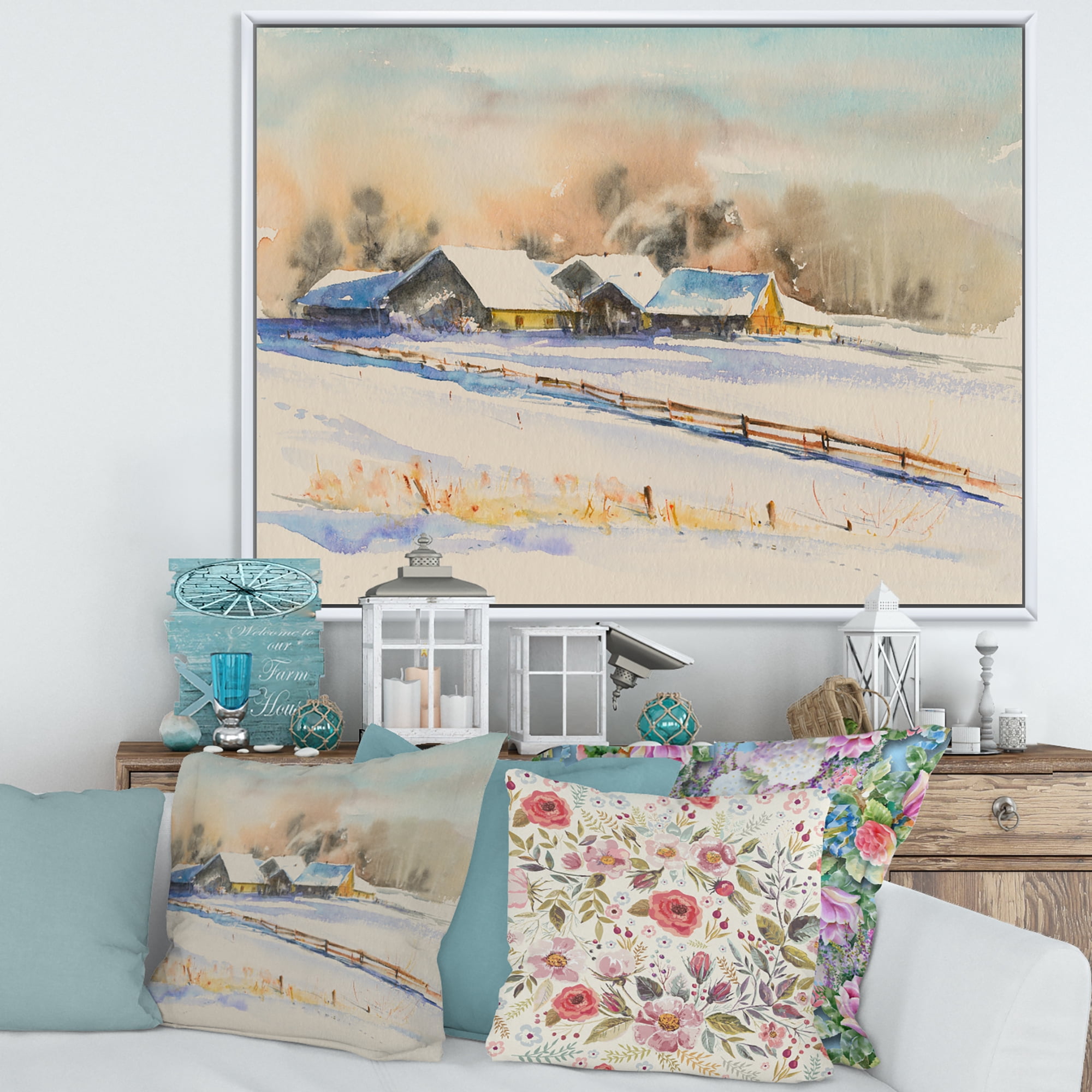 Small Village At Evening Covered With Snow' 32" x 16" Framed Painting Canvas Art Print, by Designart