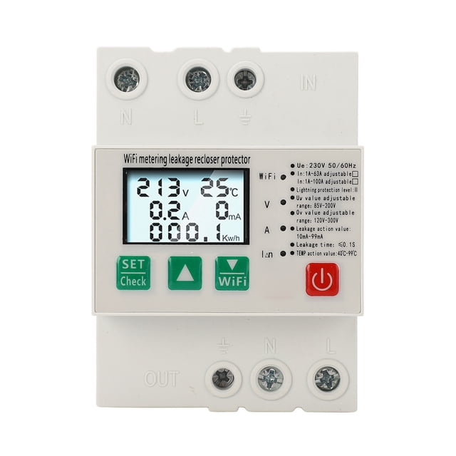 Disyuntor inteligente WiFi con protección contra sobretensión, fugas y rayos, con contador de potencia CA 230 V, 50 Hz o 60 Hz, de 1 A a 63 A.