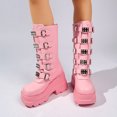 thumbnail image 3 of SACFOF Women's Pink Platform Boots Wedge Combat Gothic Chunky Heel Mid Calf Punk Motorcycle Shoes, 3 of 6
