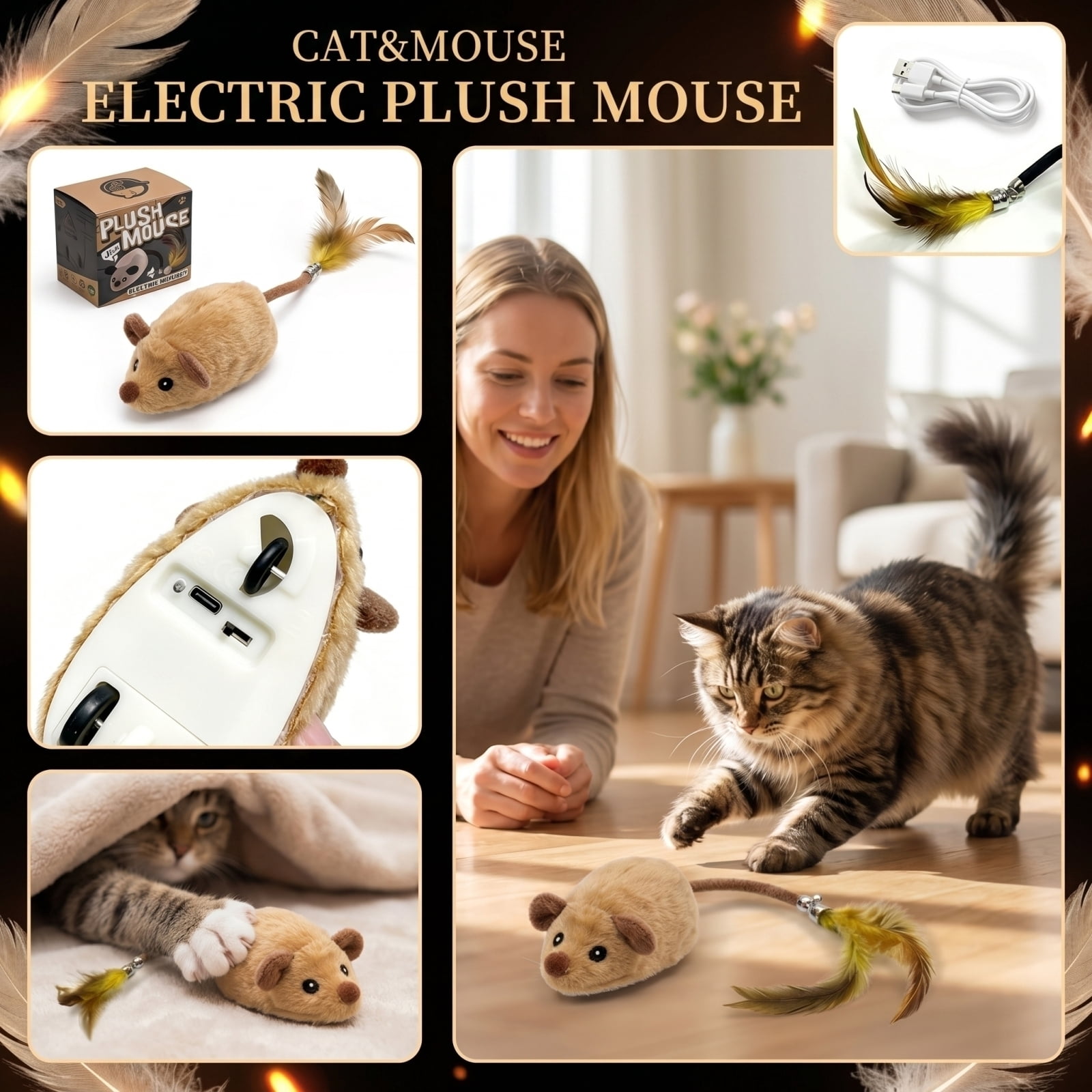 Plush Mouse Cat Toy, 2.4G Realistic Electric, 1 Pack Yellow with Feather Tail, Interactive Moving Toy for Indoor Cats to Chase and Play