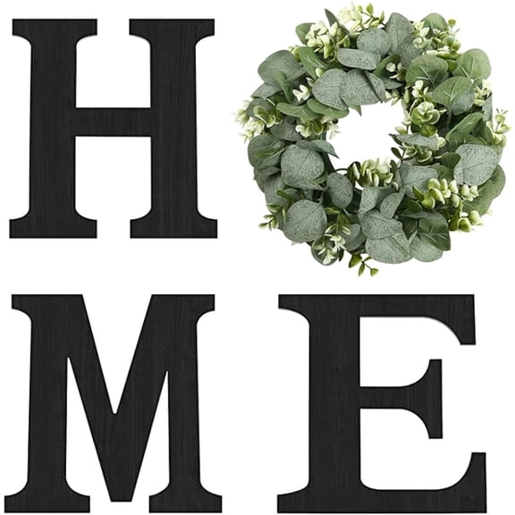 Farmhouse Wall Decor Wooden Home Sign Letters with Artificial Eucalyptus House Decor for Front Door Living Room,Black