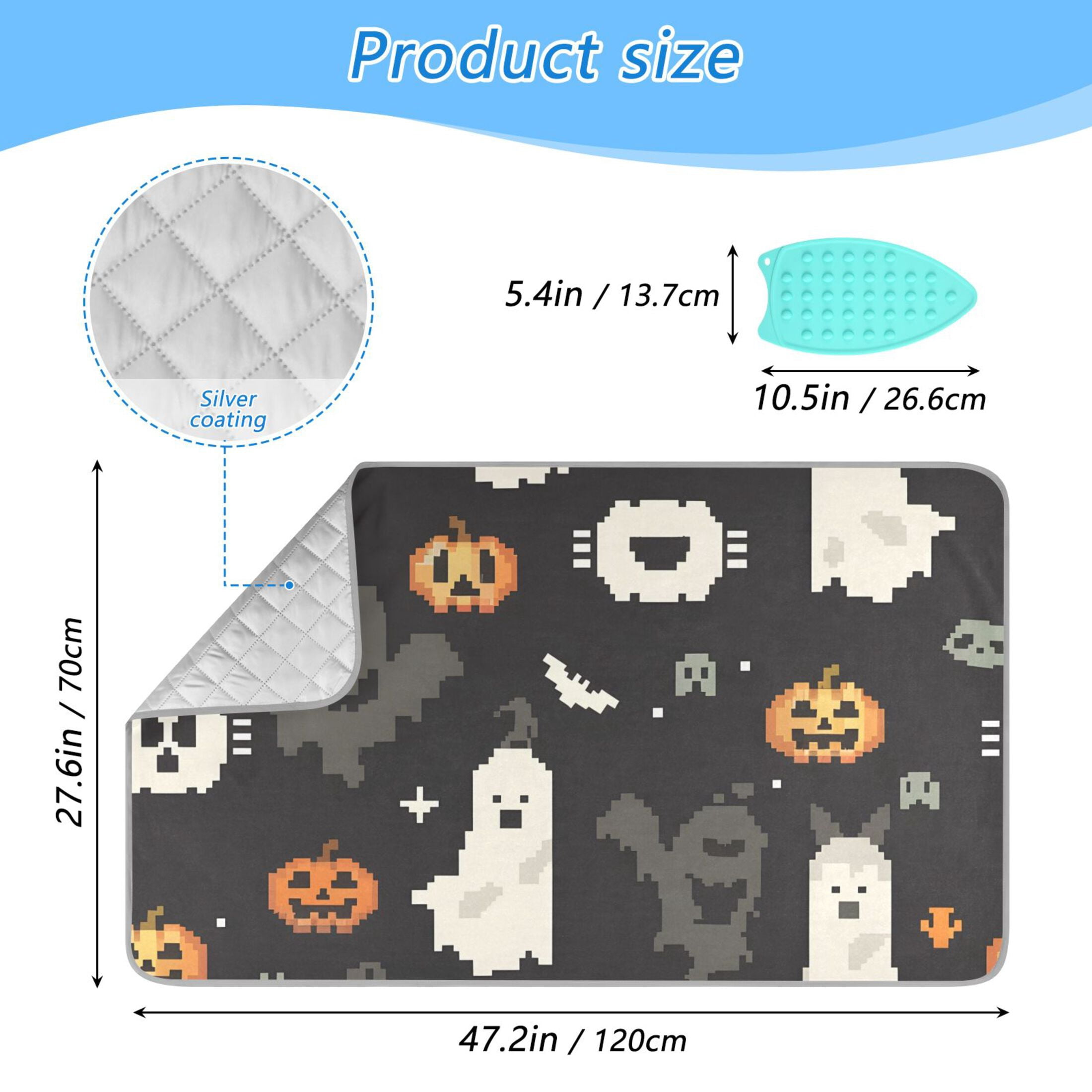 Halloween Pumpkins Bats Shadows Pixel Style Ironing Mat Blanket Portable Travel Ironing Pad Heat Resistant Pad 47.2" x 27.6”