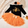 thumbnail image 3 of GYRATEDREAM Newborn Baby Girls Halloween Outfit Infant Ruffle Long Sleeve Pumpkin Letter Print Romper Tops + Bowknot Layed Tulle Tutu Skirt + Headband 3Pcs Set Toddler Fall Clothes for 1-18 Months, 3 of 8