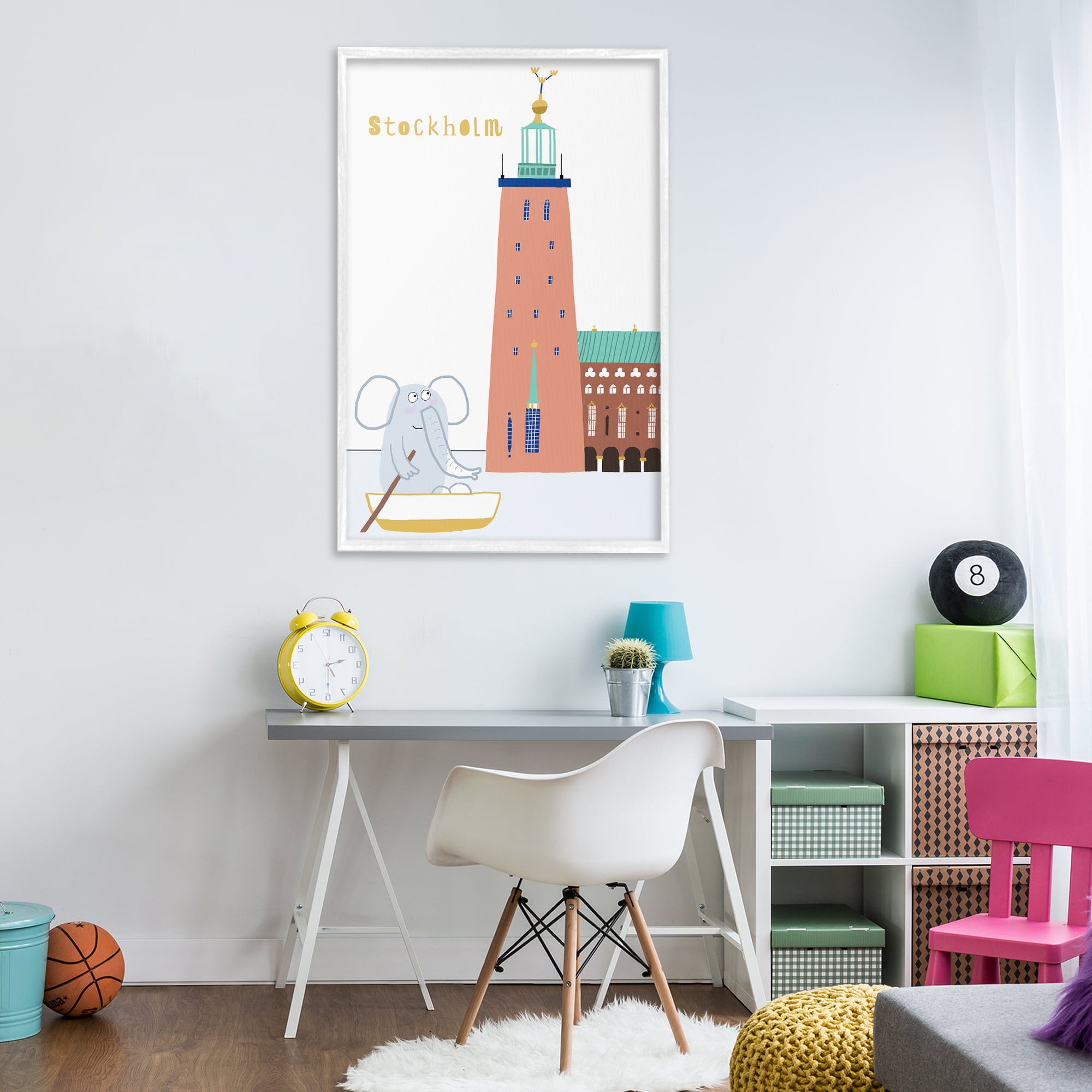 Elephant in Stockholm Boat White Framed Giclee Art, design by Carla Daly