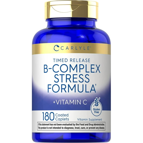 B Complex Stress Vitamin Supplement | 180 Caplets | With Vitamin C | by Carlyle