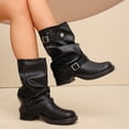 thumbnail image 5 of hopeusnice Women Mid Calf Slouch Boots With Double Buckle Straps Low Heel Leather Upper For Edgy And Casual Style Black 36, 5 of 8