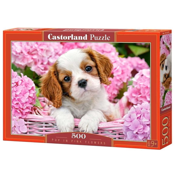 500 Piece Jigsaw Puzzle, Pup in Pink Flowers, Animal puzzle, Dog puzzle; Puppies, Cute dog, Adult Puzzles, Castorland B-52233
