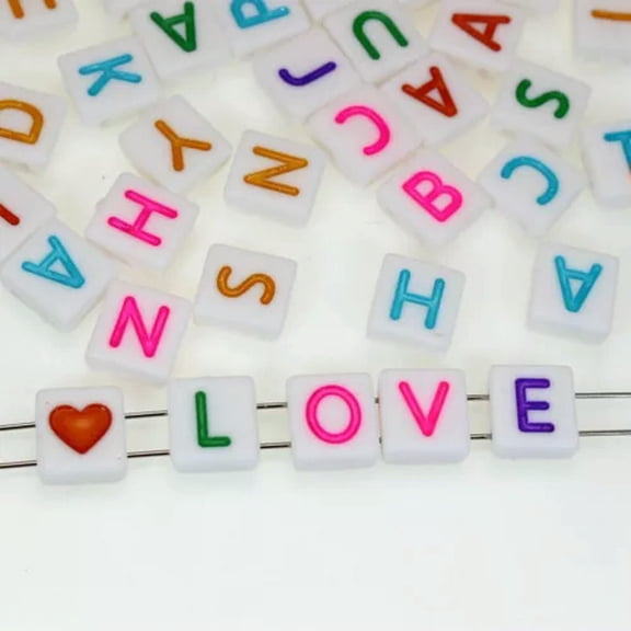 U8MO 200 Assorted Alphabet Letter Double Hole Square Acrylic Beads 8mm Jewelry Craft-3# White with Colour