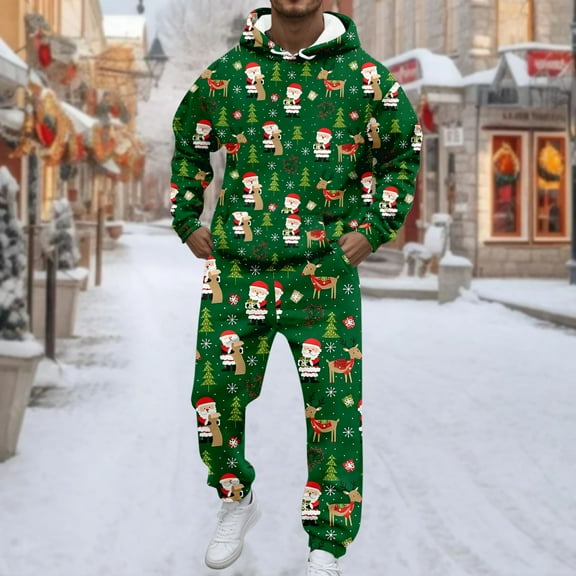 Men's Christmas Tracksuits 2 Piece Set Funny Xmas Graphic Casual Hoodie Sweatshirt And Joggers Sweatpants Sets Fall Fashion Sport Suit Sets Winter Clothes Outfits