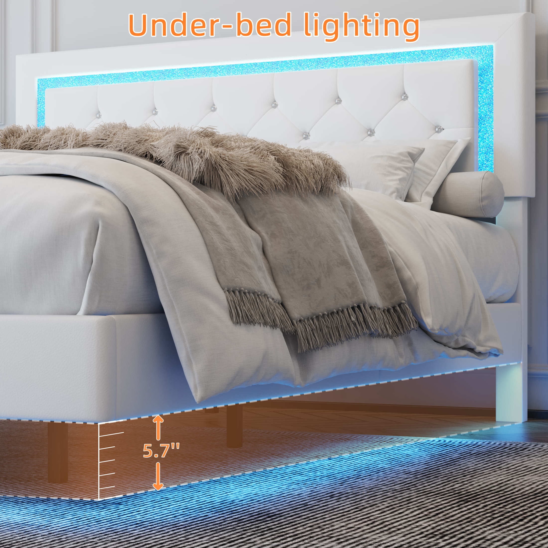 Noble House Elliana Full Size Upholstered Floating Platform Bed Frame with Diamond Tufted Headboard, LED Lights, Beige White
