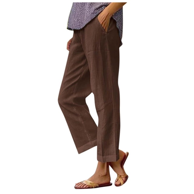 Pantalones lisos elásticos de cintura elástica para mujer: cintura media, bolsillos, corte recto, poliéster, ligeros, para combinar con camisetas/camisetas sin mangas.