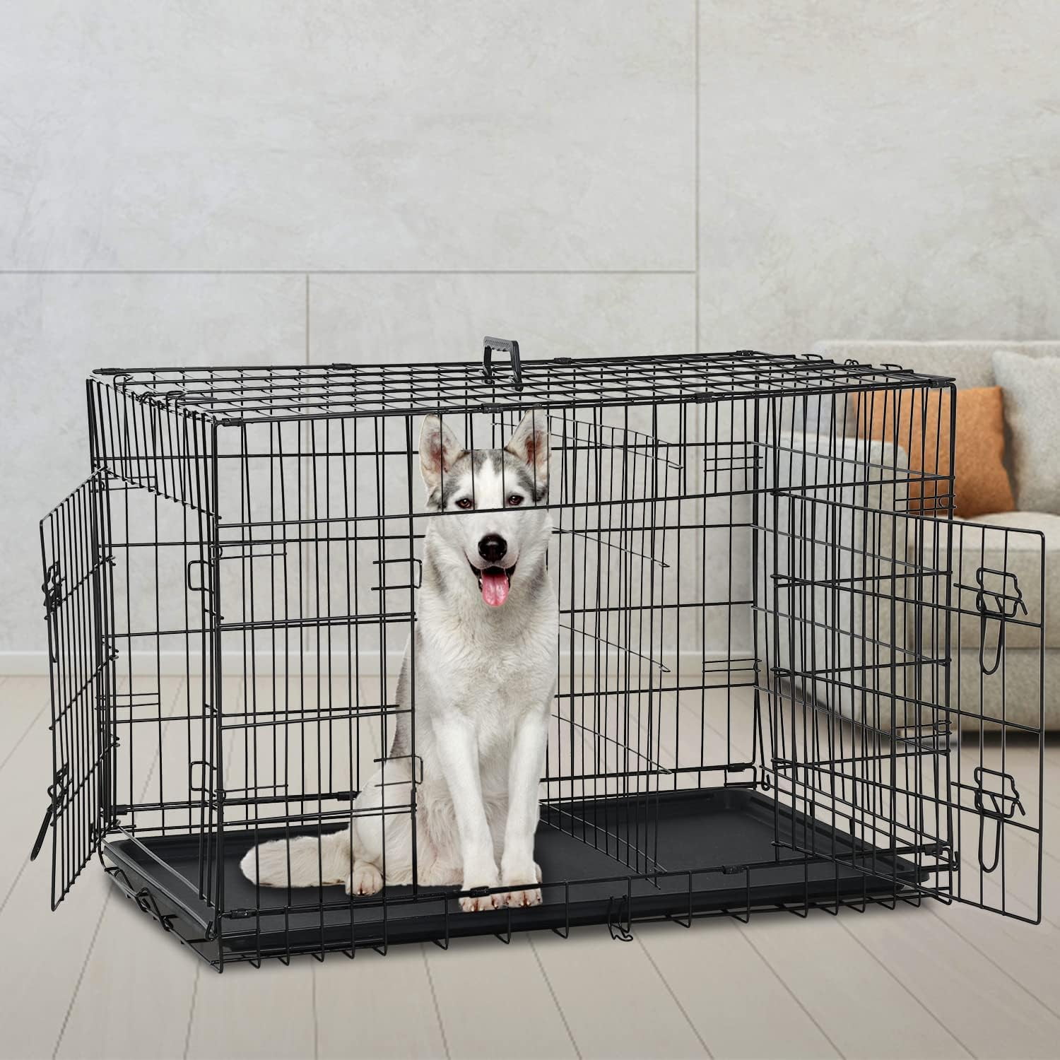 Dkelincs 48 inch Large Dog Crate Portable Foldable Dog Cage with 2 Doors, Handle, Plastic Tray, XXL Dog Kennel for Medium Large Puppy, Black