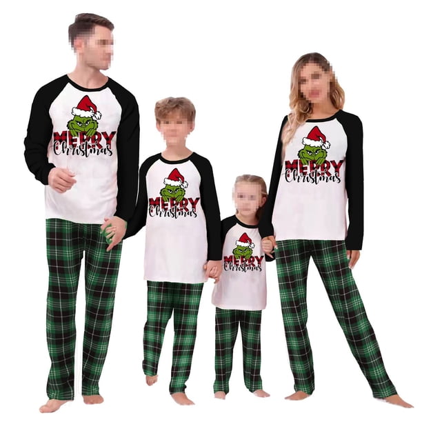 Conjuntos de pijamas navideños familiares a juego Grinch 2024, pijama de Grinch con parte superior y pantalones de pijama a cuadros, pijama de Grinch para niños y adultos para la familia, Hombres XL