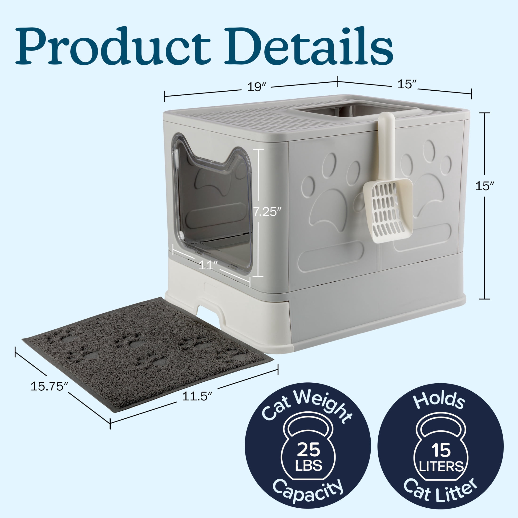 PETMAKER Enclosed Cat Litter Box with Lid, Cat Scoop, Mat, and Pull-Out Drawer (Gray)