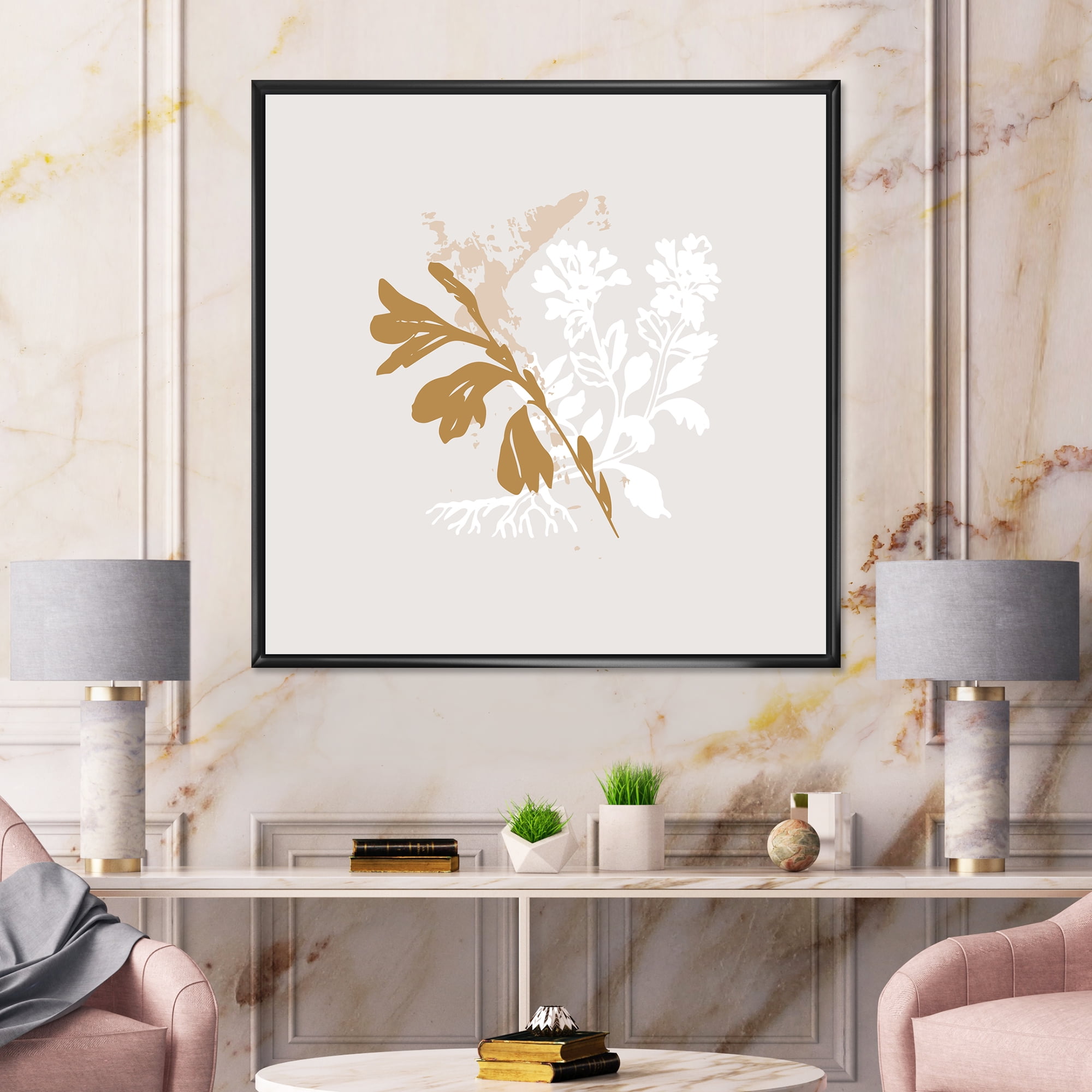 Designart 'Minimal Botanical Design In White and Brown' Traditional Framed Canvas Wall Art Print