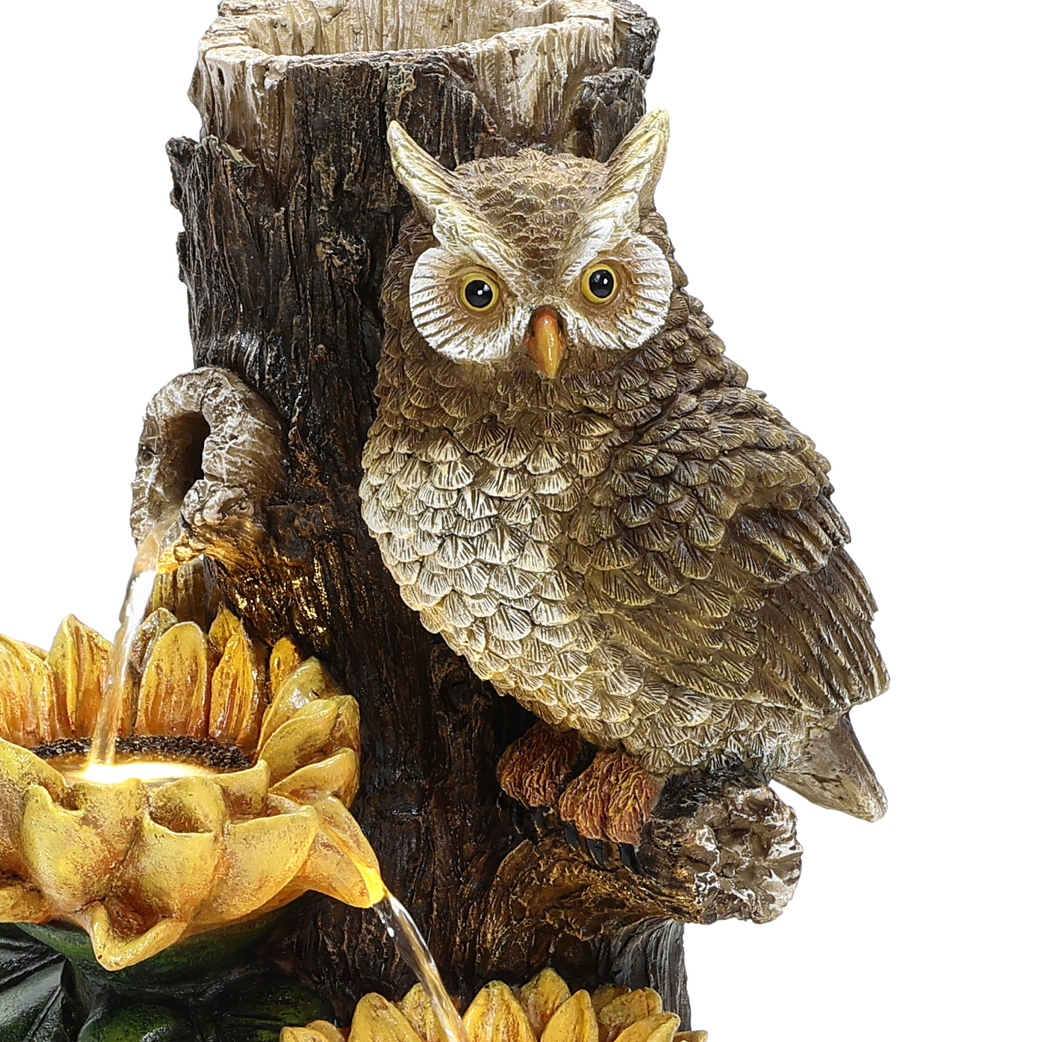 LuxenHome Sunflower and Owl 2.3-Feet Tall Outdoor Polyresin Fountain with Lights