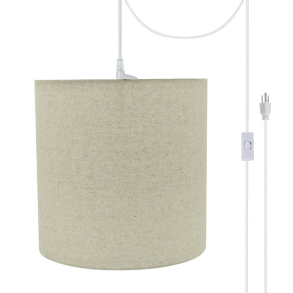 Aspen Creative 71226-21 One-Light Plug-In Swag Pendant Light Conversion Kit with Transitional Drum Fabric Lamp Shade, Light Grey, 8" width