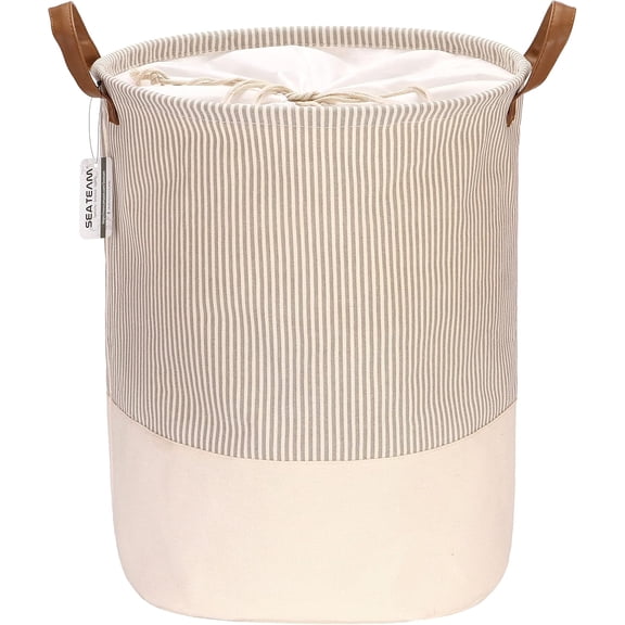 Sea Team Stripe Pattern Laundry Hamper Canvas Fabric Laundry Basket Collapsible Storage Bin with PU Leather Handles and Drawstring Closure, 17.7 by 13.8 inches, Waterproof Inner, Grey