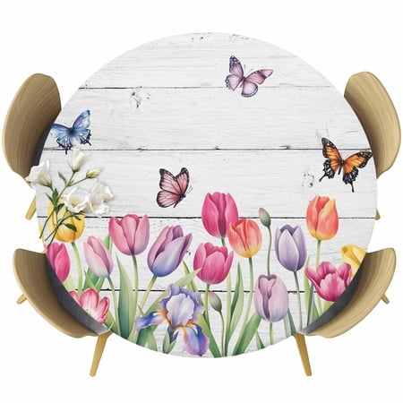 Tulips Spring Floral Round Tablecloth Fitted Table Cover with Elastic for 55 -60 Round Tables Pastoral Flowers Butterfly Wooden Table Cloth Outdoor Indoor Dinning Party Waterproof Tablecloths