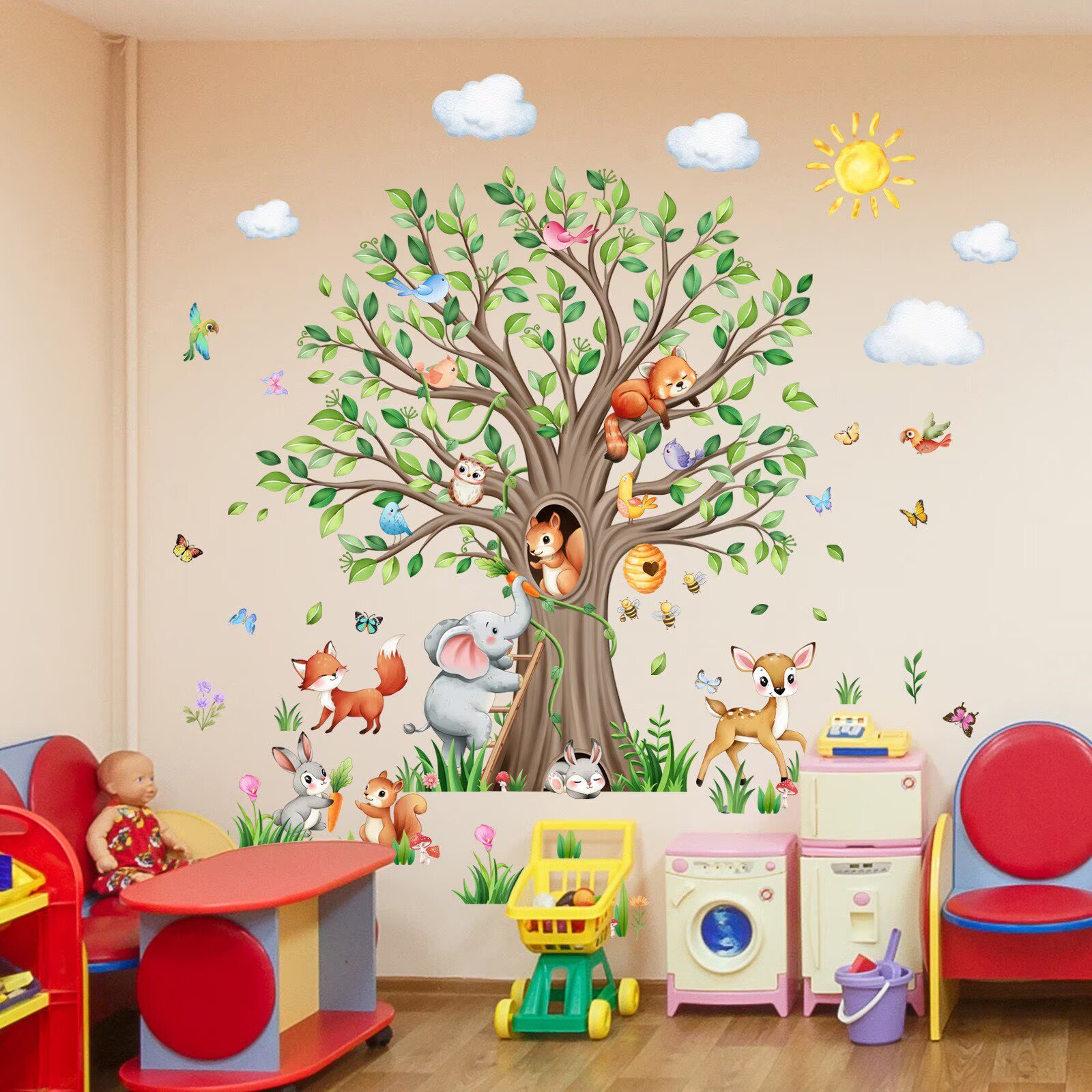 Animal Tree Wall Decal, Forest Creature Wall Sticker for Nursery Woodland scene with tree, fox, deer, rabbit. Easy apply & removal