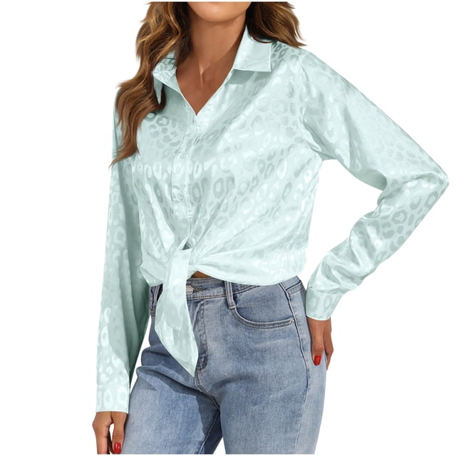 AOOCHASLIY Fall Tops for Women Women's Long Sleeve Solid Button Leopard Print Jacquard Simulation Silk Long Sleeve Blouse Top
