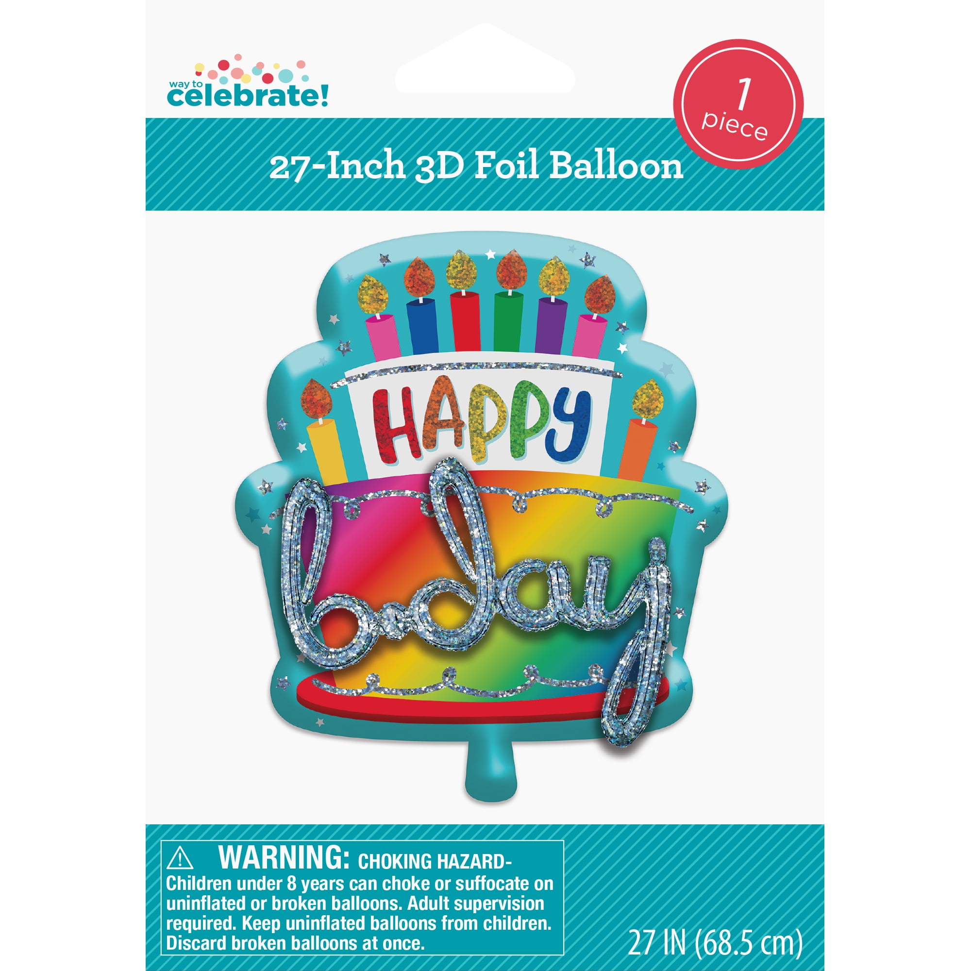 27 inch Happy Birthday Cake Foil Balloon, Multicolor, by Way To Celebrate