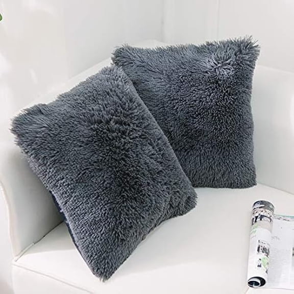 Eryueer Pack of 2 Faux Fur Dark Grey Cushion Covers 40x40 cm Luxury Fluffy Decorative Fuzzy Square Throw Pillow Case 16 x 16 for Sofa Decor