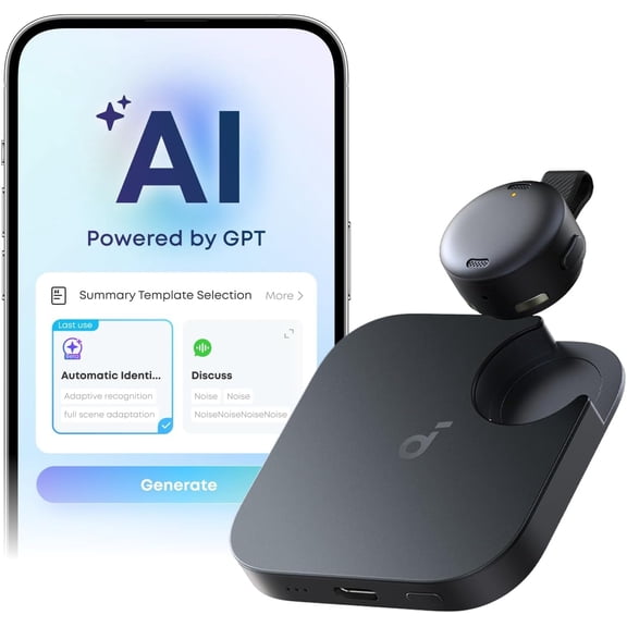 Soundcore Work AI Voice Recorder with Transcription & 6-Month Pro, Portable, MFi Certified (Black)