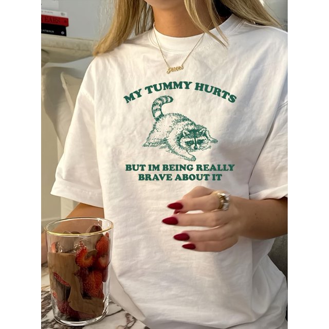 Vintage Graphic T-Shirt, Polyester Crew Neck Tee, Casual Short Sleeve Top with Geometric Raccoon Print for Women, Summer