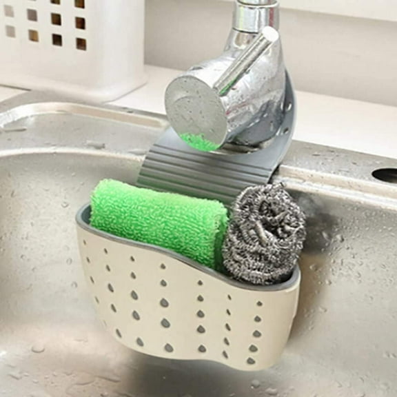 Sink Caddy Sponge Holder Organizer, Hanging Kitchen Adjustable Strap Faucet Caddy, Beige