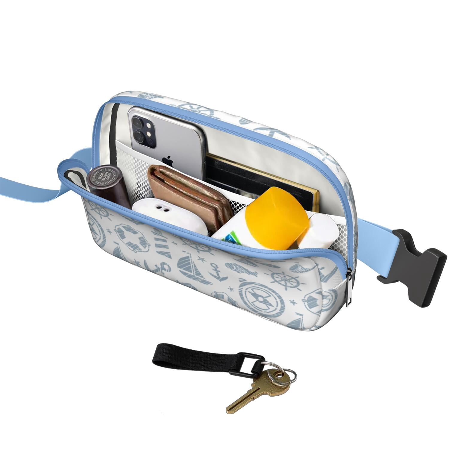 Marine Map Waist Bag – Nautical Travel Fanny Pack with Lighthouse, Anchor, Beacon & Coral Print, Great for Sailing & Coastal Getaways