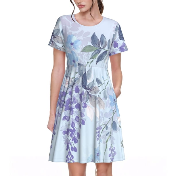 Fotbe Bird Butterfly Stripe Vestido Largo de Moda para Mujer, Vestido Tipo Camiseta con Manga Corta y Estilo Casual a Rayas y Bloques de Color